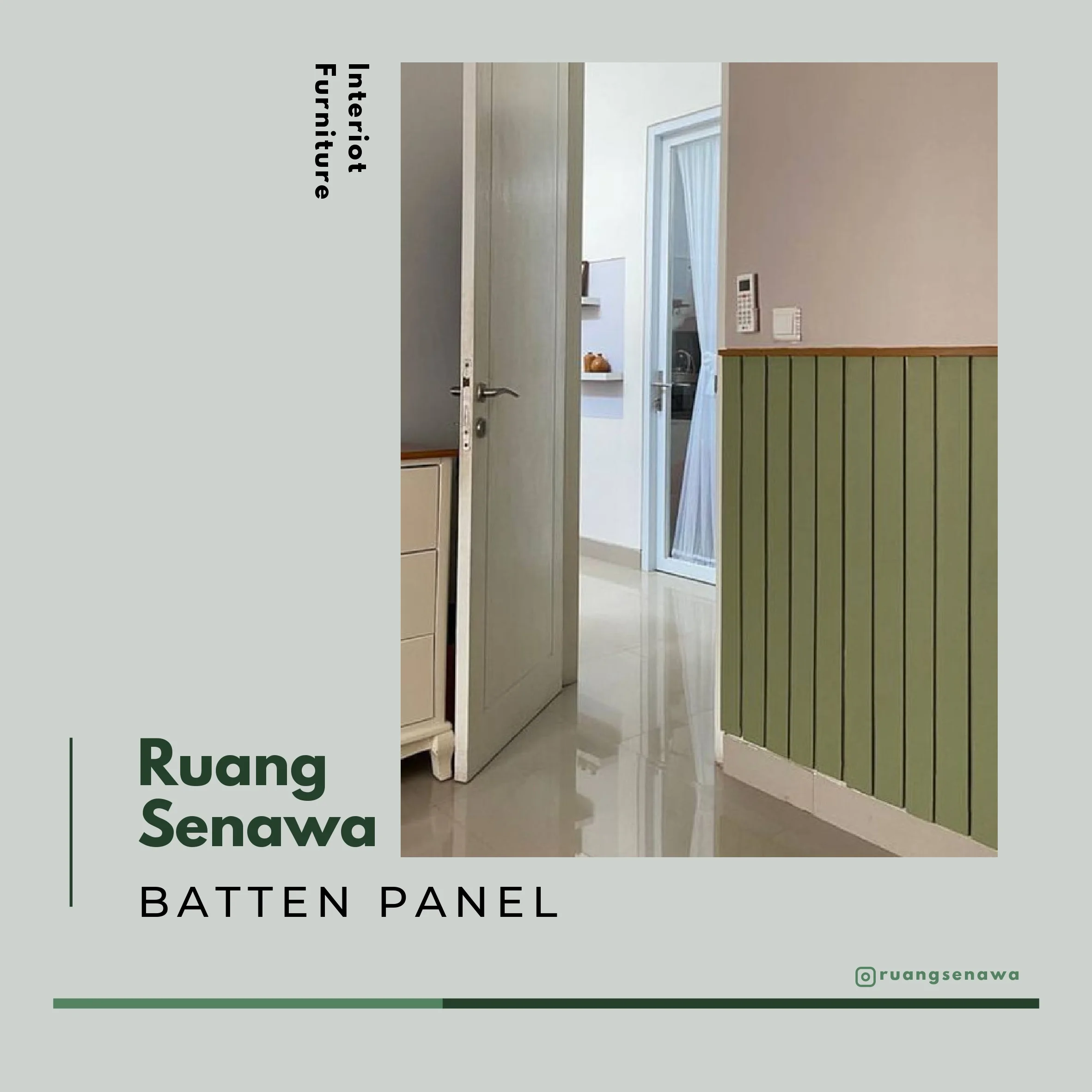 Sage Green Corridor Wall Panel — Panel dinding setengah badan warna hijau sage dekat area pintu Kota Palu Ruang Senawa